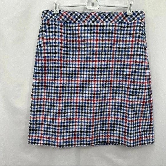 Talbots Womens Plaid Pencil Skirt 10 White Blue Red Lined Side Zip NWT - Picture 1 of 9